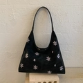 Black suede shoulder tote bag with white snowflake embroidery and wide strap - No Pendant / Black