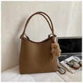 Brown litchi grain leather tote bag with a cute plush puppy pendant charm - Brown with Pendant