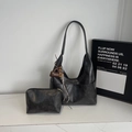 Dark grey matte faux leather oversized tote bag and matching pouch set for women - Black With Pendant