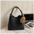 Chic black litchi grain tote bag with a cute brown plush bear charm and large capacity - Black with Pendant
