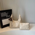 Chic cream beige suede faux leather tote bag set with matching zipper pouch - Cream White with Pendant