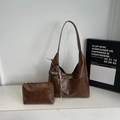 Vintage dark brown PU leather tote bag set with matching pouch and wide shoulder strap - Brown with Pendant