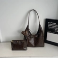 Vintage chocolate leather tote bag set with matching pouch and stylish brand tag - Coffee With Charms