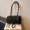 Classic black leather baguette shoulder bag with silver studs and long adjustable straps - Black without Pendant