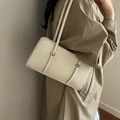 Minimalist beige baguette bag with lychee texture leather and silver metal buckles - Rice White (No Pendant)