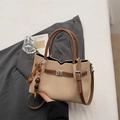 Minimalist beige canvas and brown leather tote bag with vintage bead charm and metal buckle - Beige With Charm