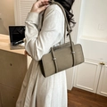 Retro khaki rectangular baguette bag in litchi grain leather with silver metal accents - Elephant Gray without Charm