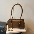 Minimalist brown pebbled leather shoulder bag with silver spherical hardware accents - Brown No Pendant
