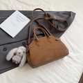 Brown large capacity shell-shaped crossbody bag with a cute plush rabbit charm - With Charm / Brown