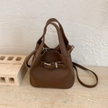 Brown litchi leather bucket bag with silver hardware and adjustable shoulder strap - Coffee without Pendant