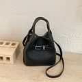 Minimalist black lychee pattern leather bucket bag with silver hardware and top handle - Black without Pendant