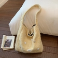 Beige Woll-Tragetasche mit Plüschsternen und elegantem Umhängeriemen für den Alltag - One-Shoulder