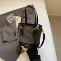 Retro bucket bag in dark matte fabric and black leather with gold metal hardware details - No Pendant / Black
