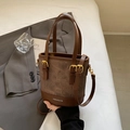 Vintage coffee brown bucket bag in two-tone suede and leather with shoulder strap - No Pendant / Brown