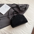 Minimalist black matte leather shell bag with top handles and silver hardware - No Pendant / Black
