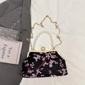 Black evening bag with pink cherry blossom embroidery and elegant pearl handle - Black