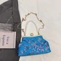 Sky blue satin evening bag with pink cherry blossom embroidery and pearl chain - Blue
