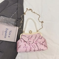 Pink satin evening bag with plum blossom embroidery and pearl handle strap - Pink