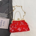 Vintage red satin handbag with floral embroidery and elegant pearl handle for women - Red