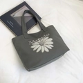 Retro grey canvas tote bag featuring white daisy embroidery and a minimalist design - Dark Brown