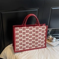 Borsa tote festiva rossa Doppia Felicità con tela e rifiniture in pelle - Rosso Vino Stile 2 Grande