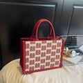 Borsa tote rossa festiva con motivo jacquard tradizionale e manici in pelle - Rosso Vino Stile 2 Piccolo
