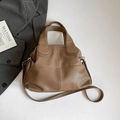 Brown soft faux leather shoulder bag with grainy texture and adjustable long strap - Litchi Texture Splicing / Khaki