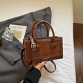 Caramel brown vintage crossbody bag with premium leather texture and dual handles - Suede Splicing Style (Without Charm) / Brown Suede Splicing Without Charm