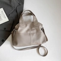 Minimalist taupe leather tote bag with cross-stitch detail and detachable shoulder strap - Litchi Texture Splicing / Light Gray