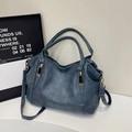 Retro dark grey-blue faux leather tote bag with large capacity and adjustable strap - Lake Blue