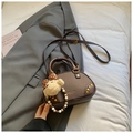 Retro dark brown pebbled leather bowling bag with gold studs and plush bear charm - Coffee with Pendant