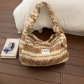 Ethnic style beige plush tote bag with brown snowflake patterns and shoulder knot detail - Beige Brown