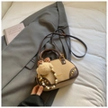 Vintage brown and beige suede handbag with bear charm and beaded strap accents - Khaki with Pendant