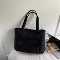 Quilted black puffer tote bag with large front flap pocket for office and daily commute - Black