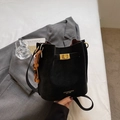Retro black bucket bag with gold hardware lock and decorative wooden beads - Black with Pendant