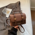 Retro two-tone brown PU leather crossbody bag with top handle and gold circular metal details - Without Pendant / Brown