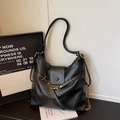 Retro black leather tote bag with gold metal studs and chain strap detailing - Black without Pendant