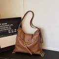 Retro brown PU leather tote bag with adjustable strap and decorative gold buckle - Brown No Pendant
