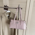 Pink minimalist faux leather shoulder bag with drawstring detail and silver metal logo - Pink Without Pendant