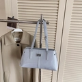 Light blue faux leather minimalist shoulder bag with silver brand plate and dual straps - Blue Without Charm