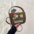 Plaid wool crossbody bag with brown leather trim and cute Monday embroidery detail - Brown