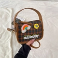 Brown leather plaid crossbody bag with rainbow cloud patch and Monday embroidery - Brown