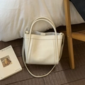 Creamy white litchi pattern leather bucket bag with dual handles and long strap - No Pendant / White