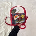 Red plaid crossbody bag with sunflower and Monday plush patches and top handle strap - Red