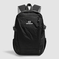 Black large-capacity Oxford travel backpack with side buckles and white logo print - Black