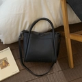 Black lychee texture leather bucket bag with top handle and adjustable shoulder strap - No Pendant / Black