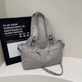 Chic grey faux leather tote bag with vintage metal buckles and dual front zipper pockets - Light Gray