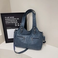 Vintage misty blue tote bag with double front zippers and textured leather finish - Lake Blue