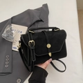 Vintage black crossbody bag with white contrast stitching and gold metal clasp closure - Black