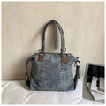 Vintage grey-blue tote bag with metal rivets and brown leather handle straps - Blue